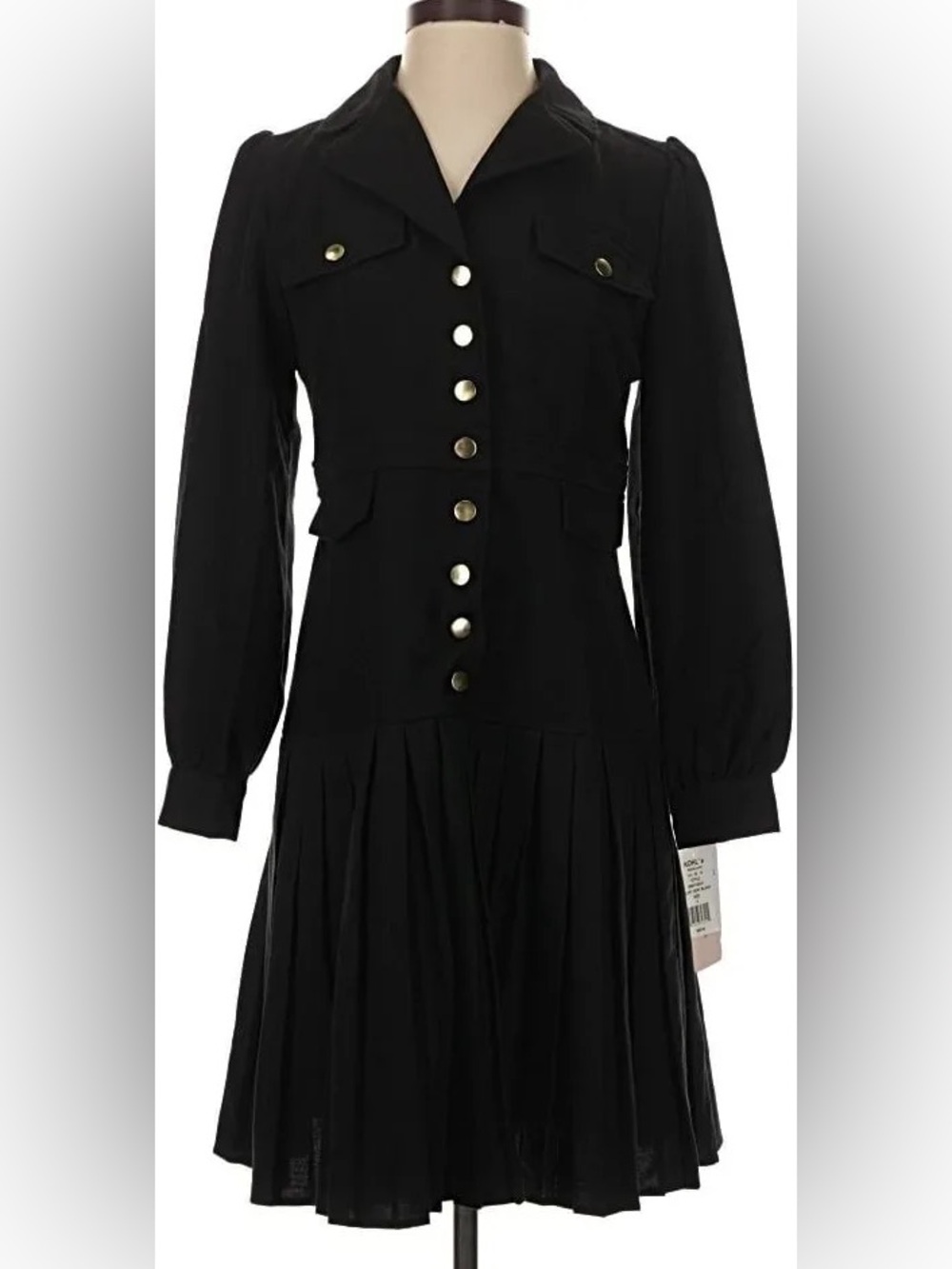 Vintage, Military-Inspired Nanette Lepore Black Long Sleeve Pleated Dress